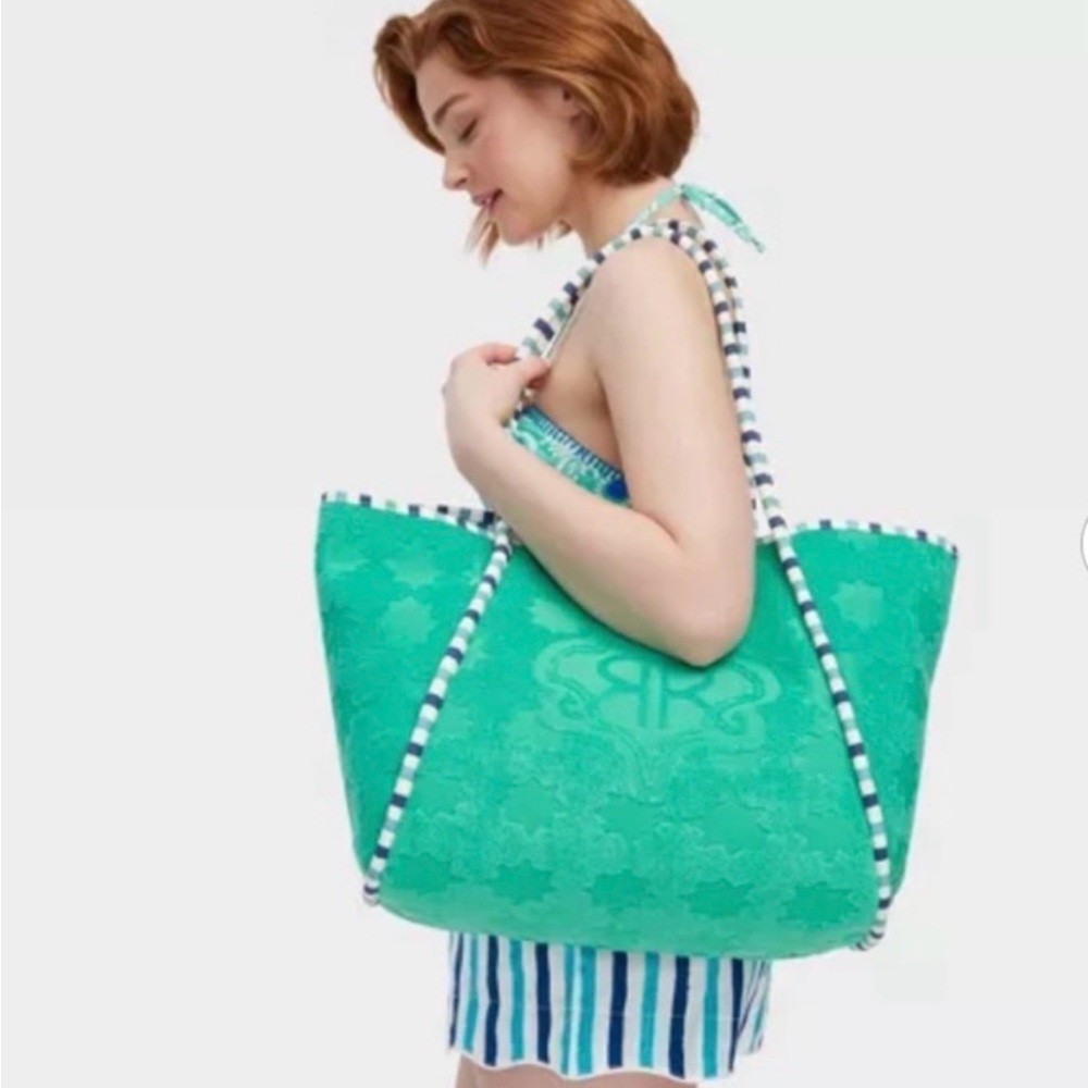Roller Rabbit Turquoise Terry Tote with Striped Rope Handles - Picture 4 of 5